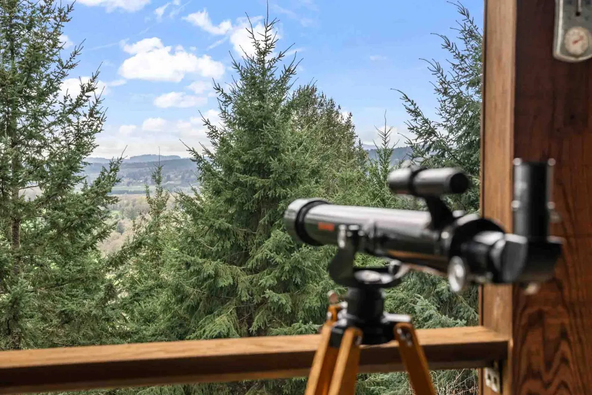 A telescope stands near a window, offering views of lush trees and inviting guests to observe sunsets, stargaze, or enjoy the sights and sounds of nature from indoors.