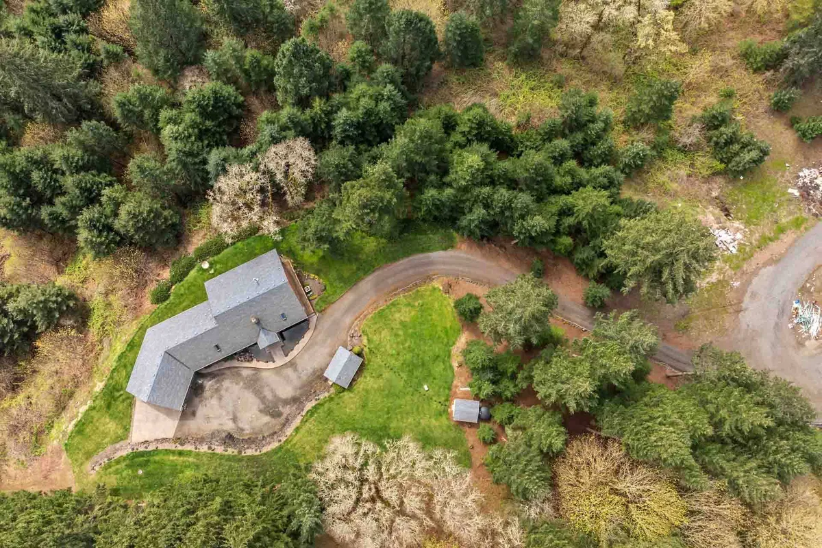 A wide exterior view of the house surrounded by mature trees, with a winding driveway leading up to the home. Sunlight filters through the foliage, suggesting proximity to trails and natural exploration. The verdant landscape hints at outdoor adventures like hiking and picnics.
